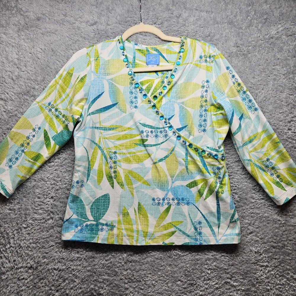 Lara Lane Womens Tropical Beaded Blouse Womens Size Medium Petite Hawaiian Vneck